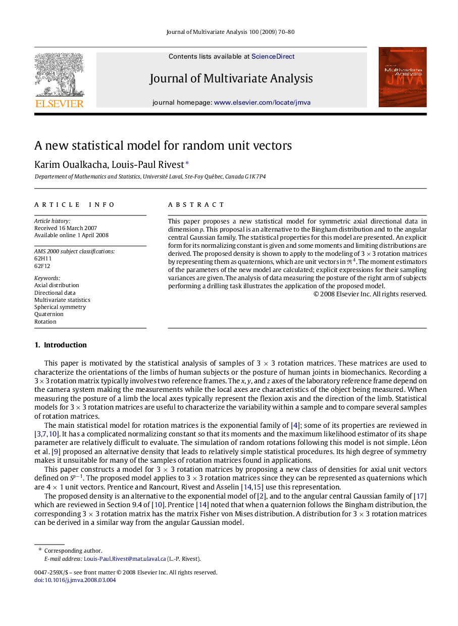 A new statistical model for random unit vectors