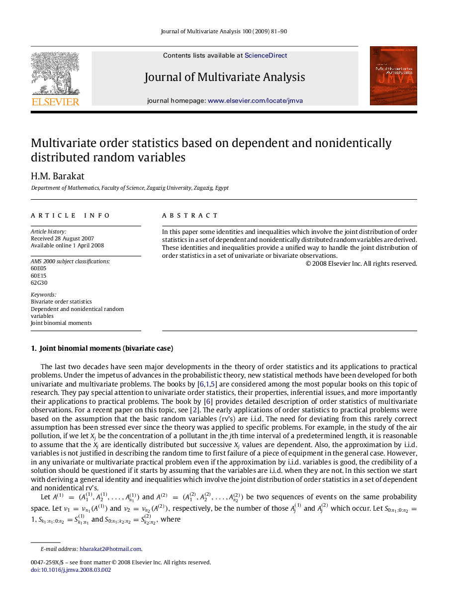 Multivariate order statistics based on dependent and nonidentically distributed random variables