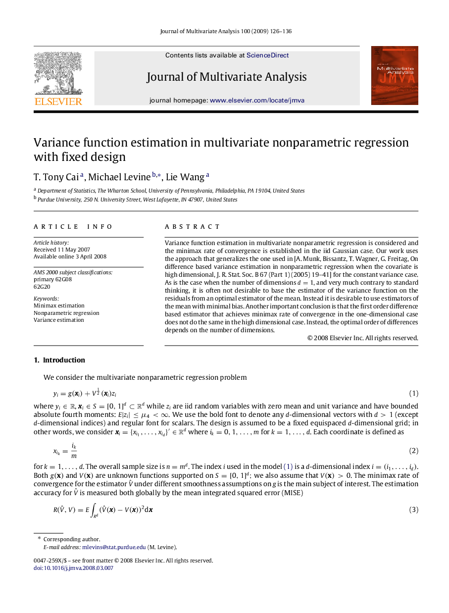 Variance function estimation in multivariate nonparametric regression with fixed design