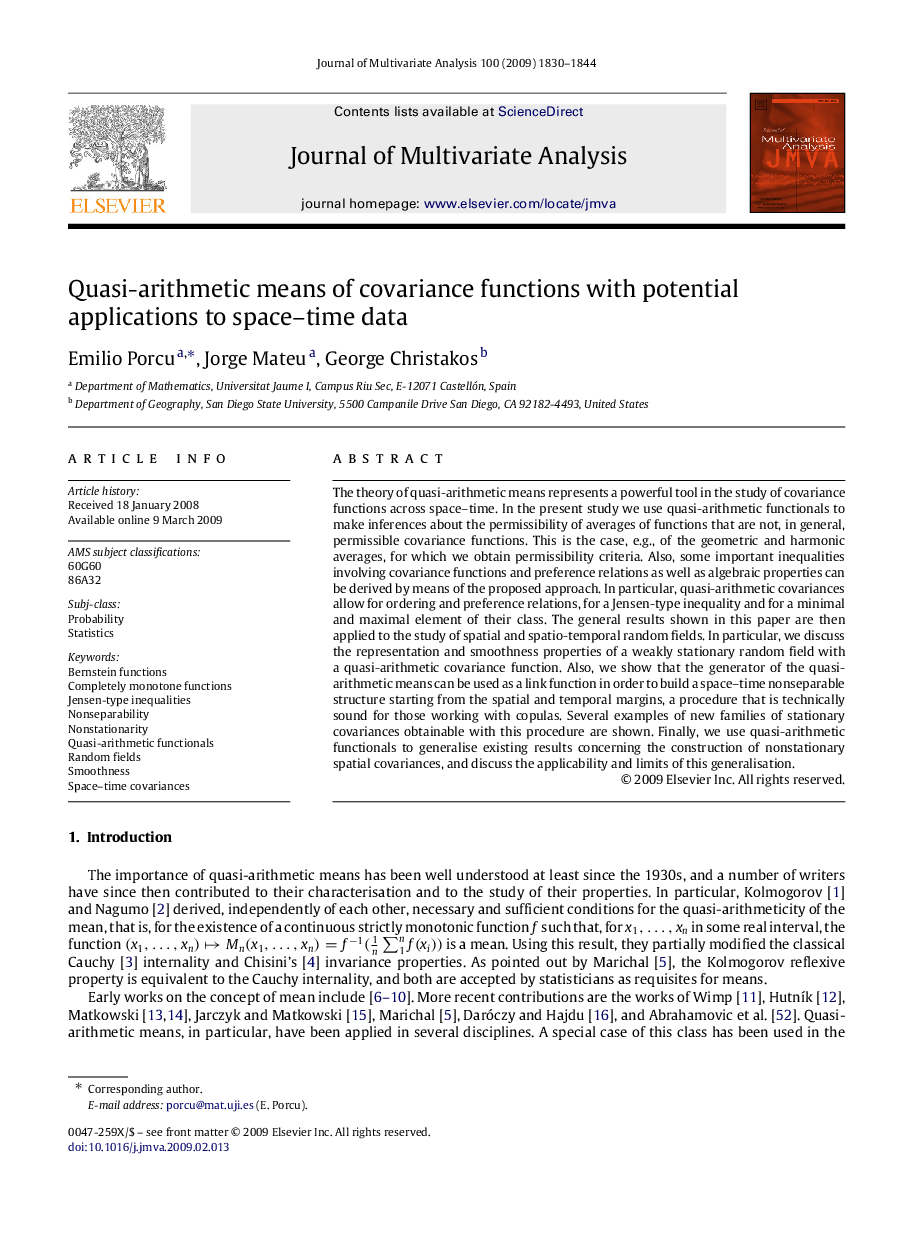 Quasi-arithmetic means of covariance functions with potential applications to space–time data