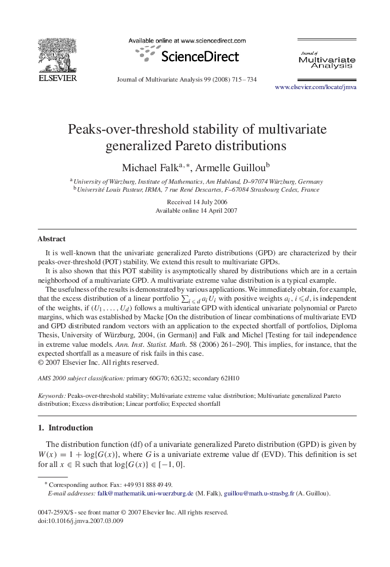 عکس صفحه اول مقاله: Peaks-over-threshold stability of multivariate generalized Pareto distributions Peaks-over-threshold stability of multivariate generalized Pareto distributions
