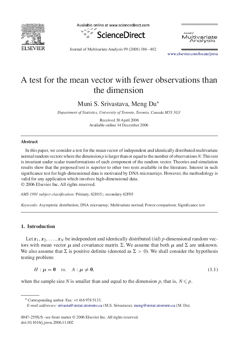 عکس صفحه اول مقاله: A test for the mean vector with fewer observations than the dimension A test for the mean vector with fewer observations than the dimension