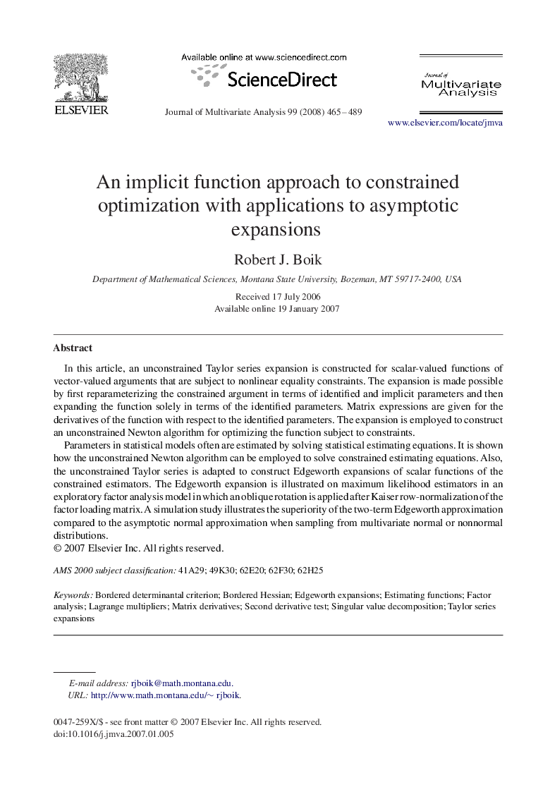 An implicit function approach to constrained optimization with applications to asymptotic expansions