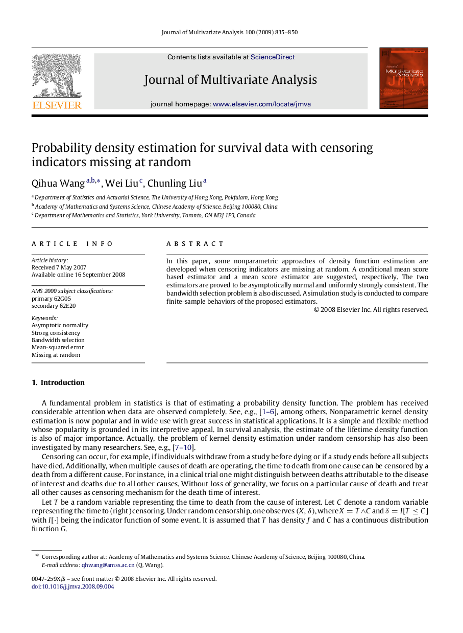 Probability density estimation for survival data with censoring indicators missing at random