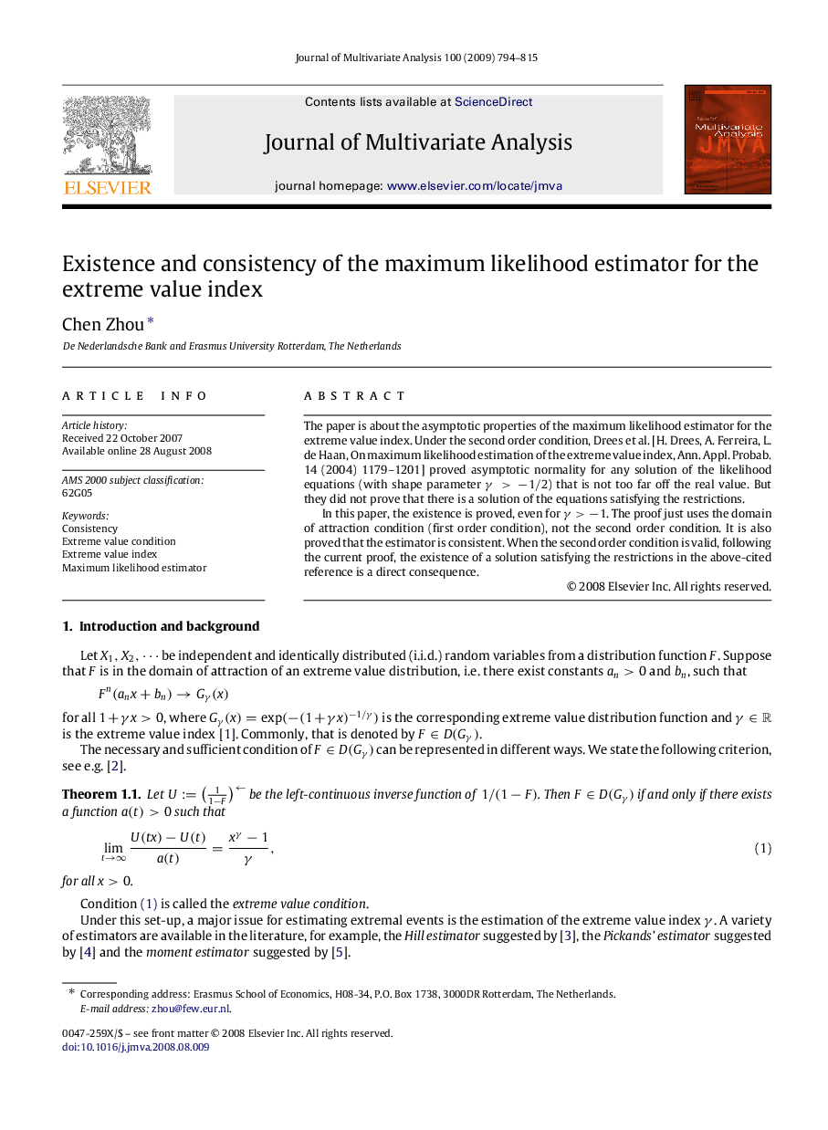 Existence and consistency of the maximum likelihood estimator for the extreme value index