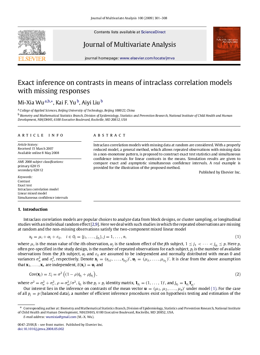 Exact inference on contrasts in means of intraclass correlation models with missing responses