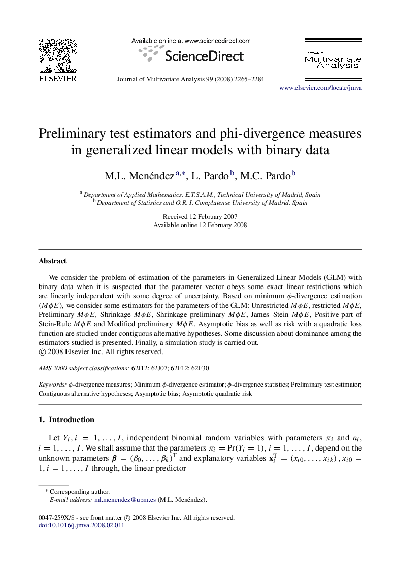 Preliminary test estimators and phi-divergence measures in generalized linear models with binary data