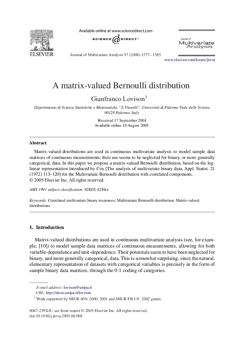 A matrix-valued Bernoulli distribution