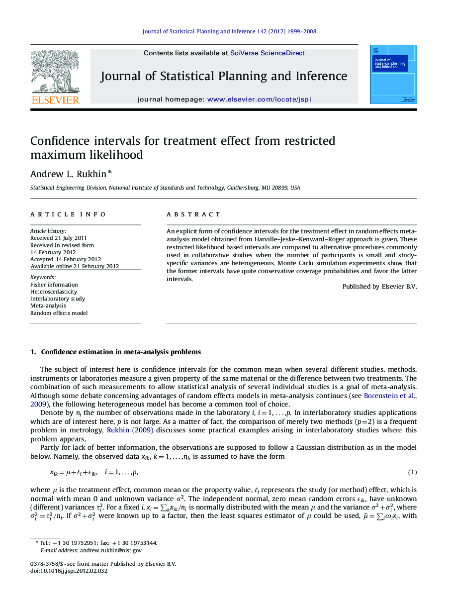 Confidence intervals for treatment effect from restricted maximum likelihood