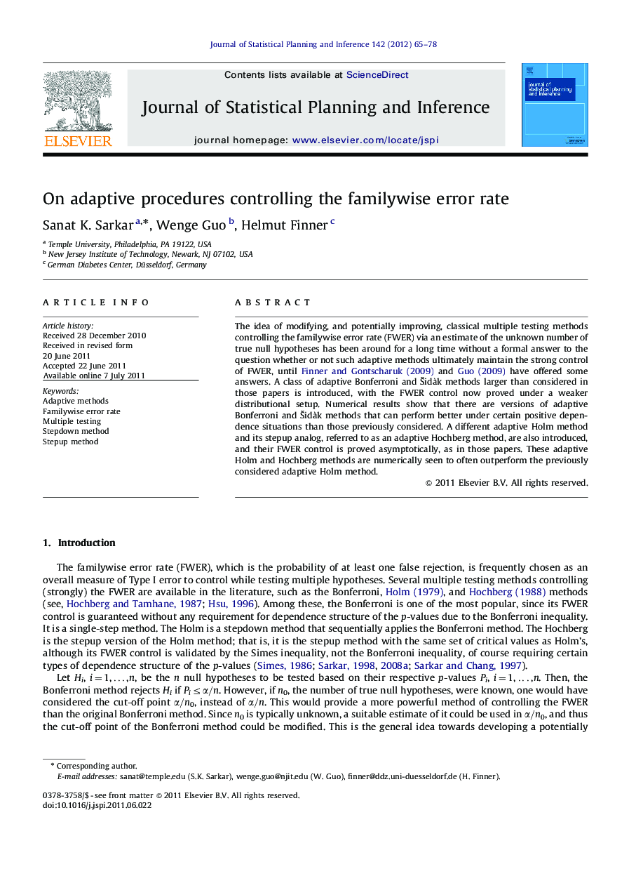 On adaptive procedures controlling the familywise error rate