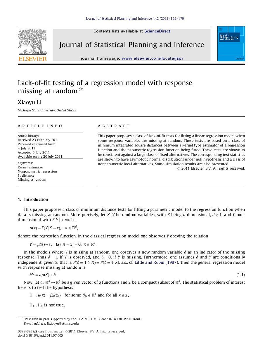 Lack-of-fit testing of a regression model with response missing at random 