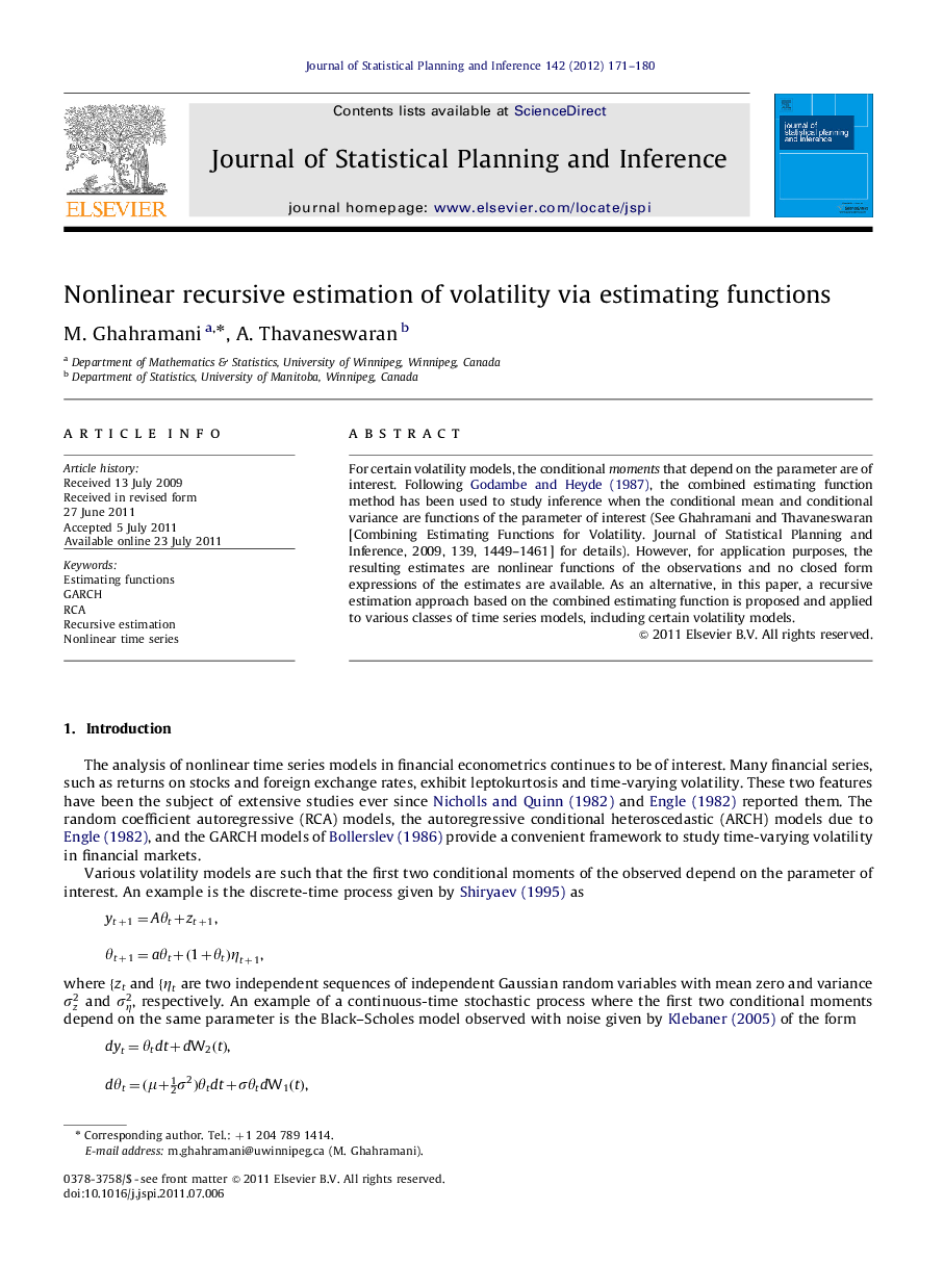 Nonlinear recursive estimation of volatility via estimating functions