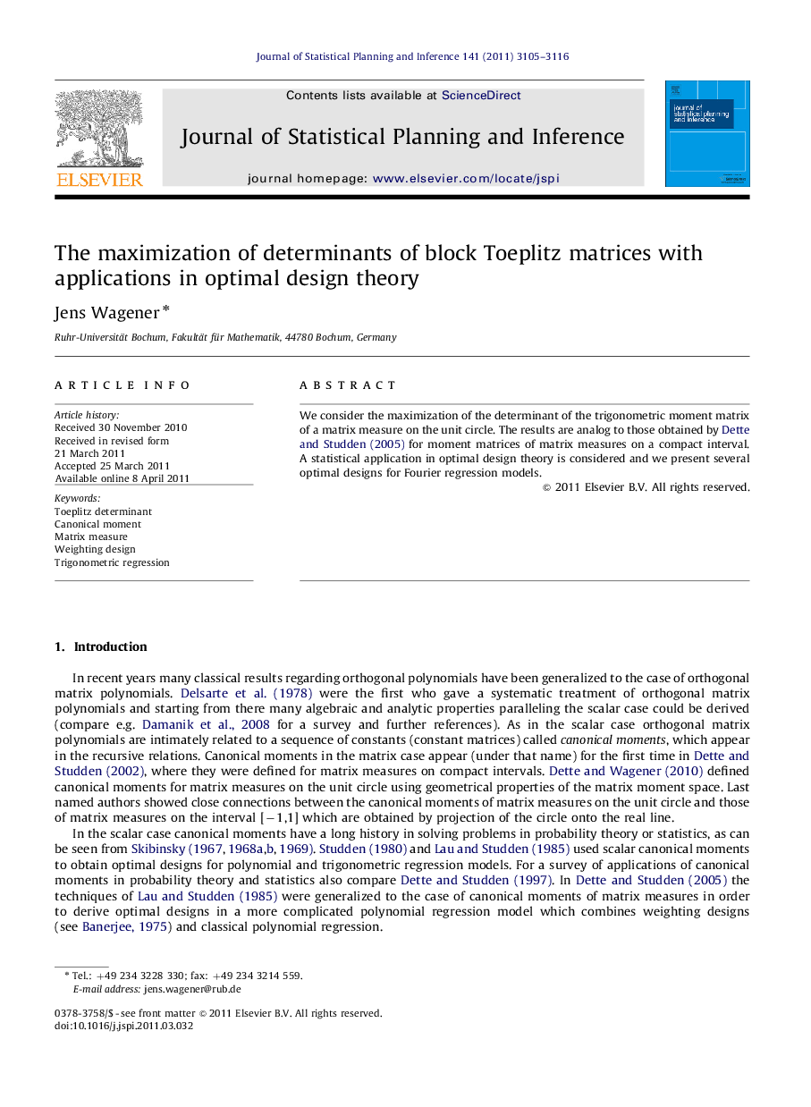 The maximization of determinants of block Toeplitz matrices with applications in optimal design theory