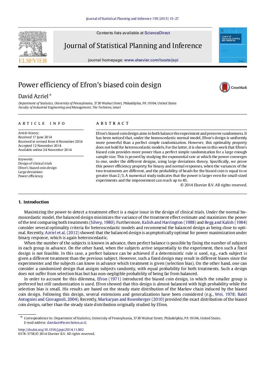 Power efficiency of Efron’s biased coin design