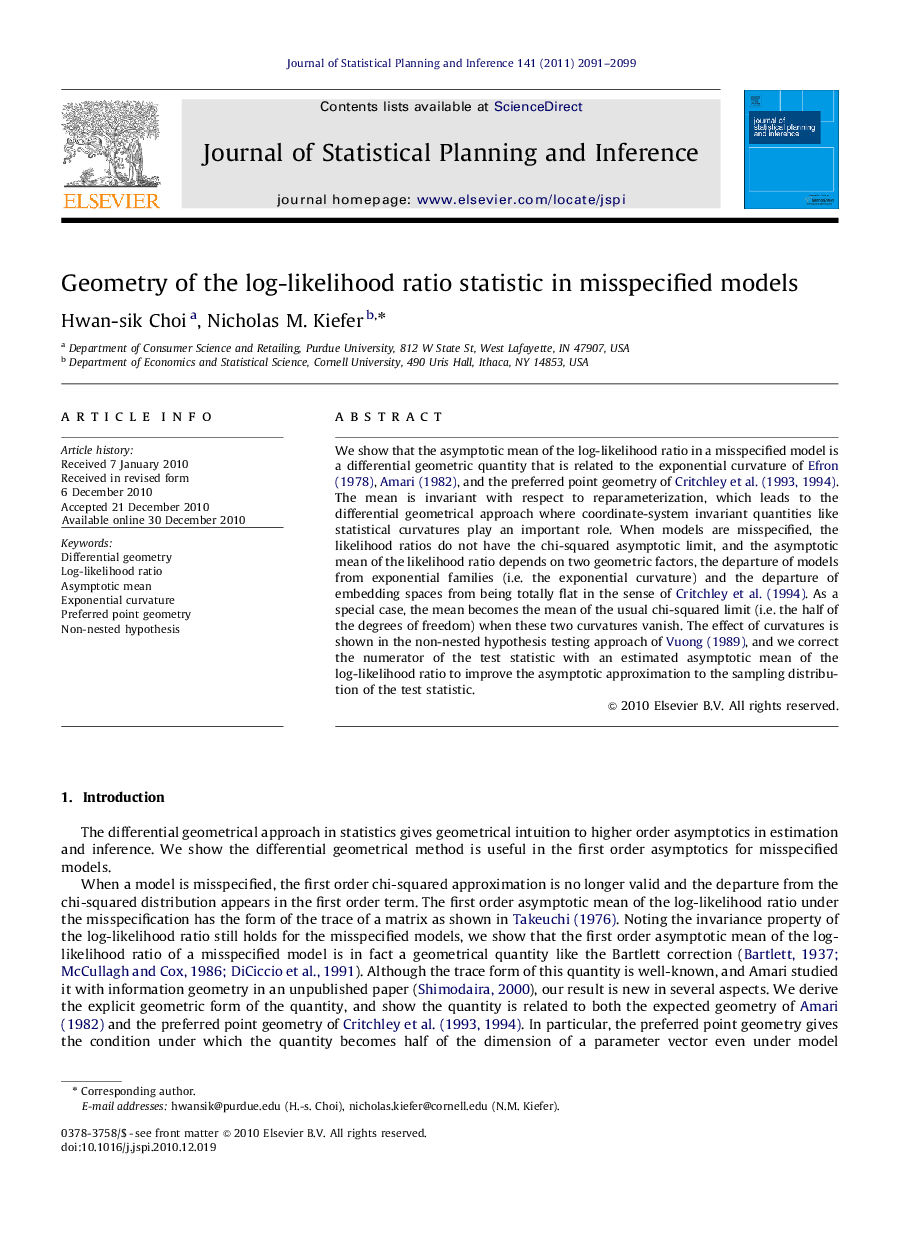 Geometry of the log-likelihood ratio statistic in misspecified models