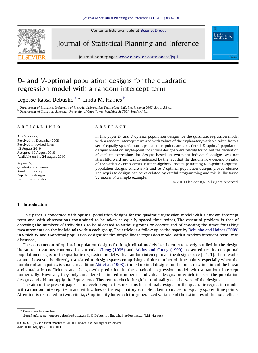 D- and V-optimal population designs for the quadratic regression model with a random intercept term