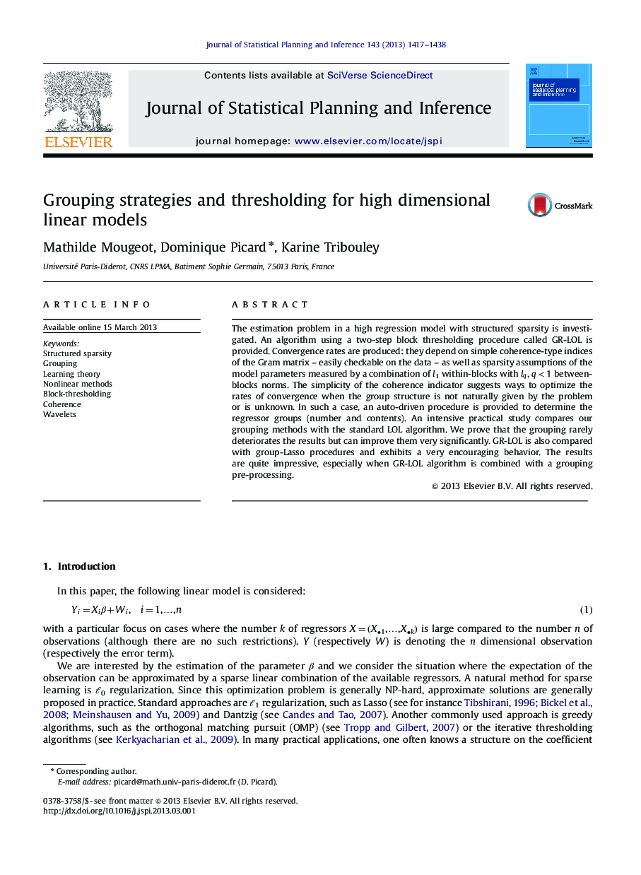 Grouping strategies and thresholding for high dimensional linear models