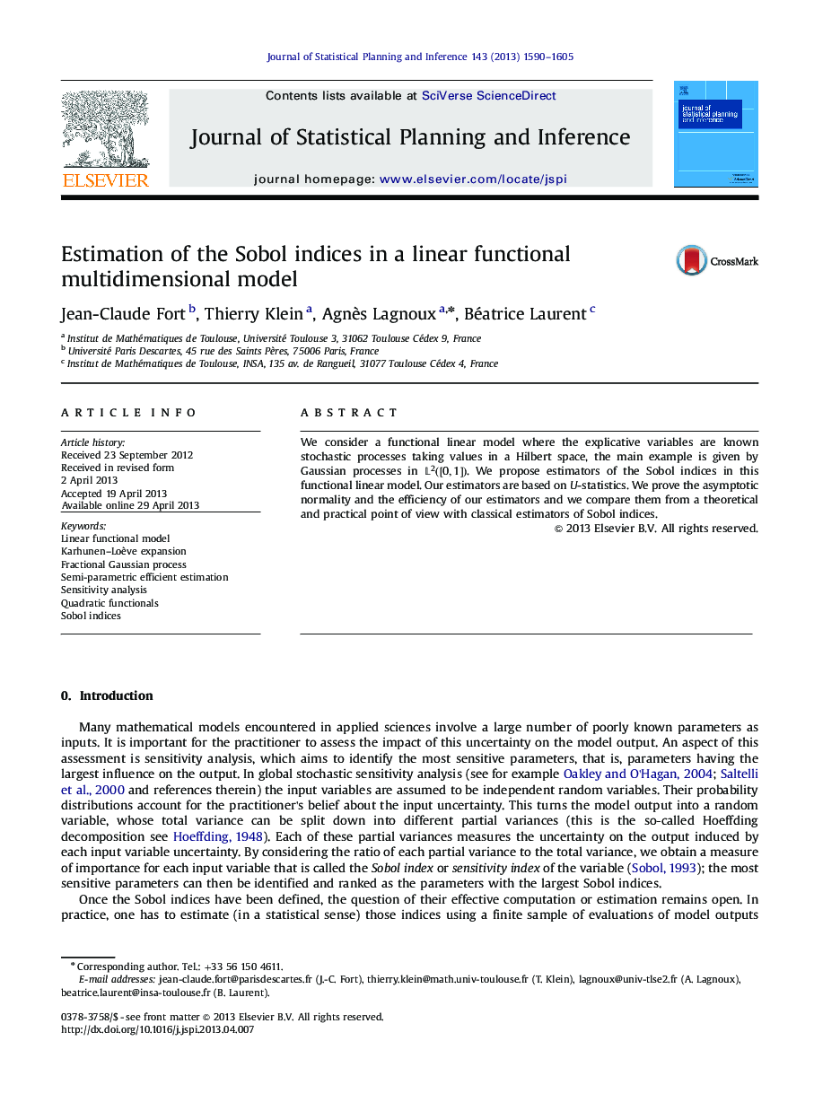 Estimation of the Sobol indices in a linear functional multidimensional model