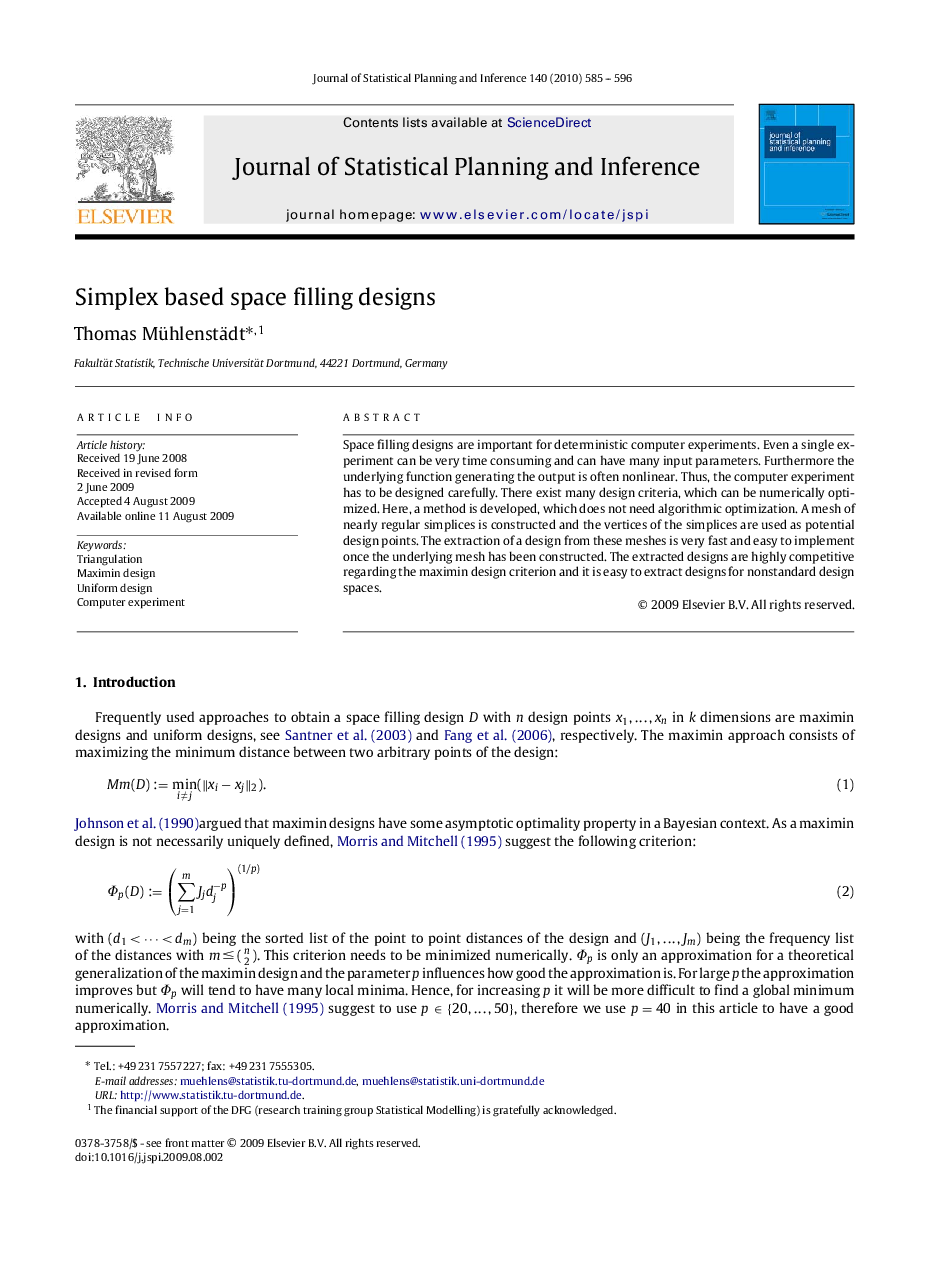 Simplex based space filling designs