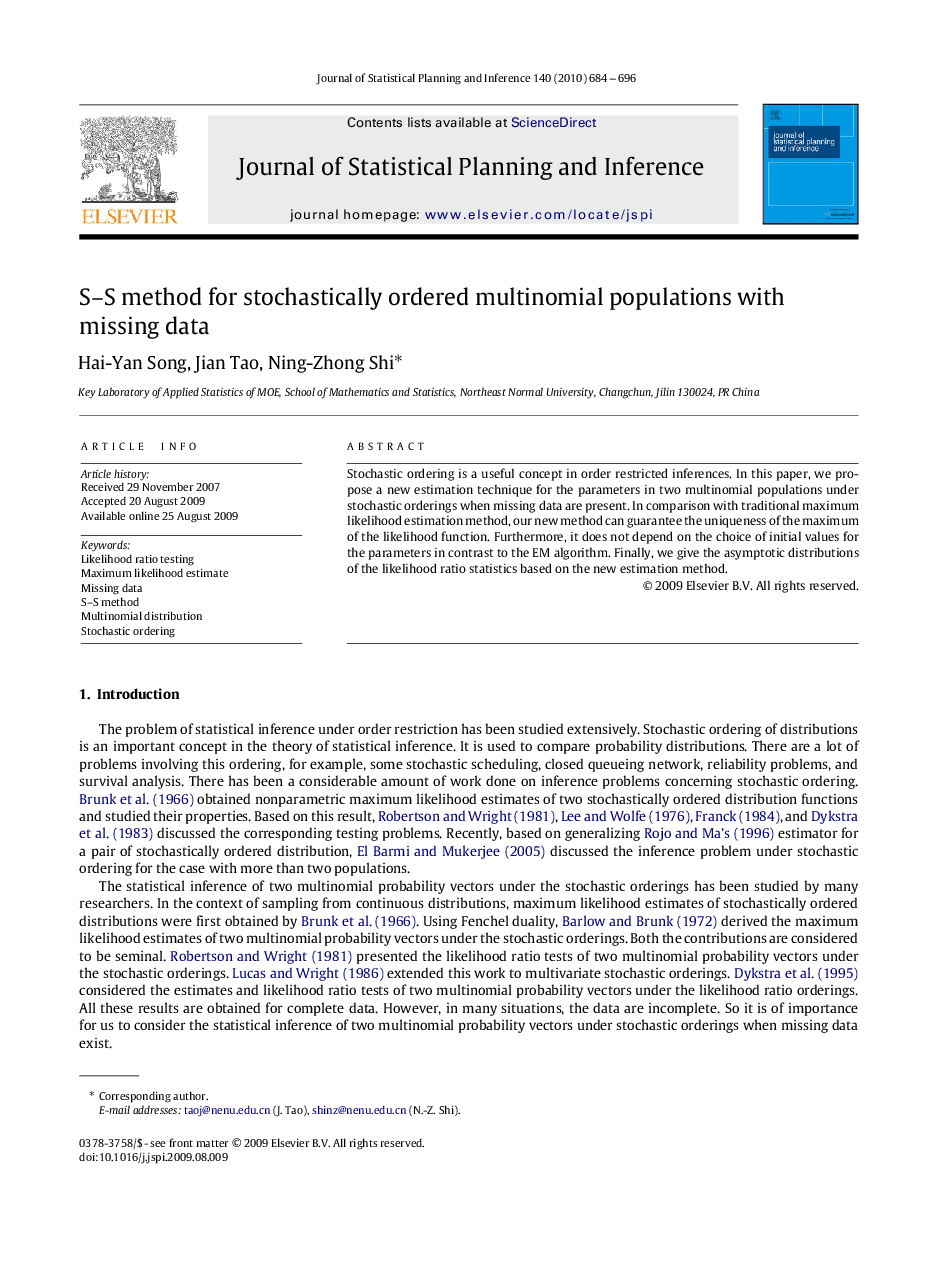 S-S method for stochastically ordered multinomial populations with missing data