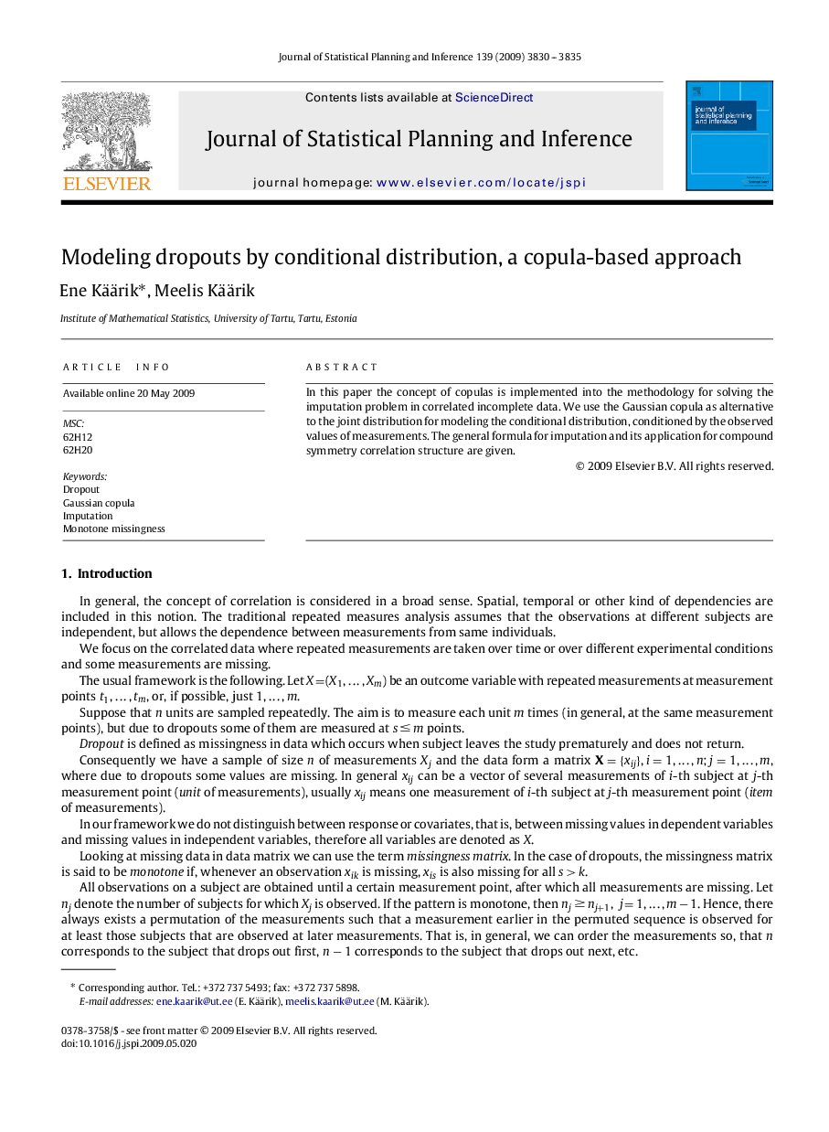 Modeling dropouts by conditional distribution, a copula-based approach