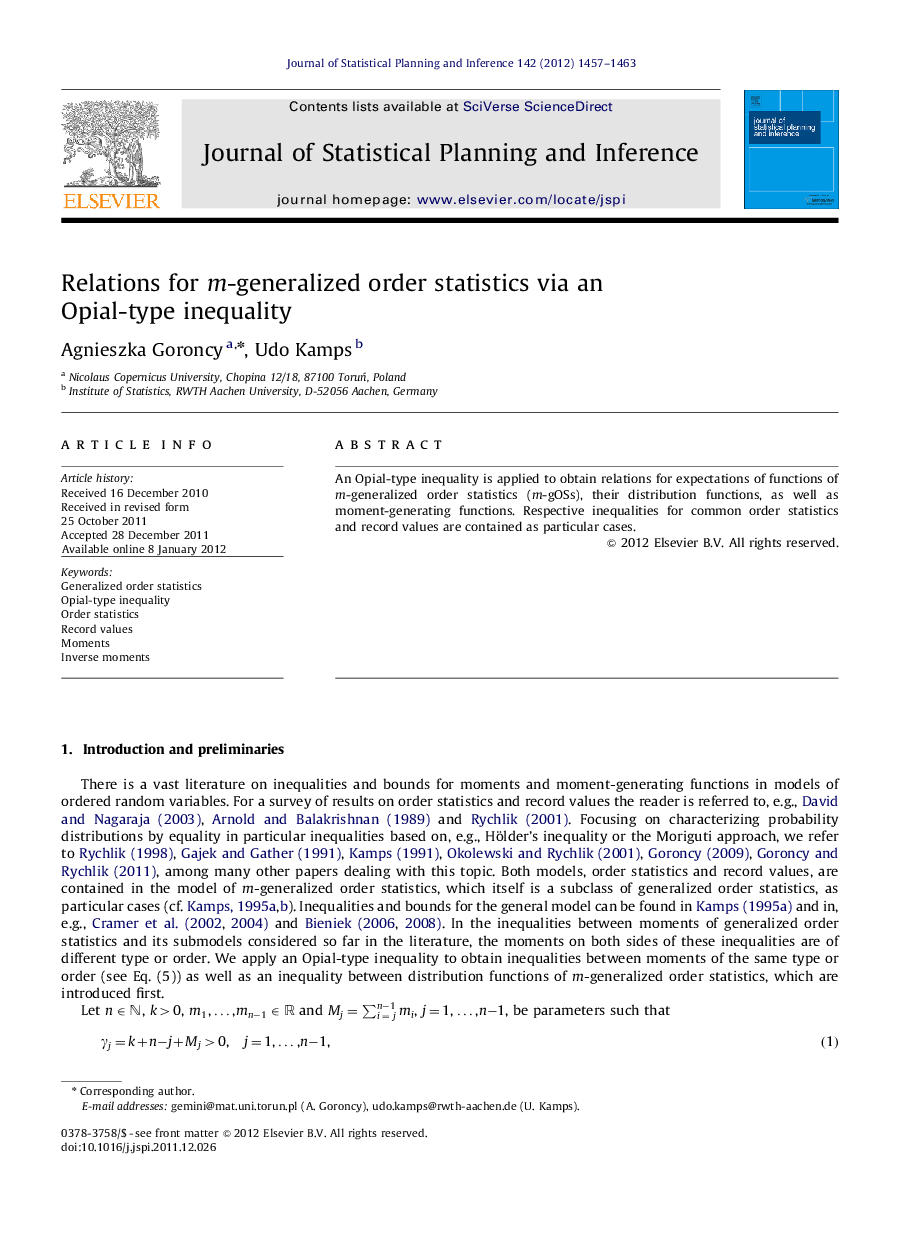 Relations for m-generalized order statistics via an Opial-type inequality