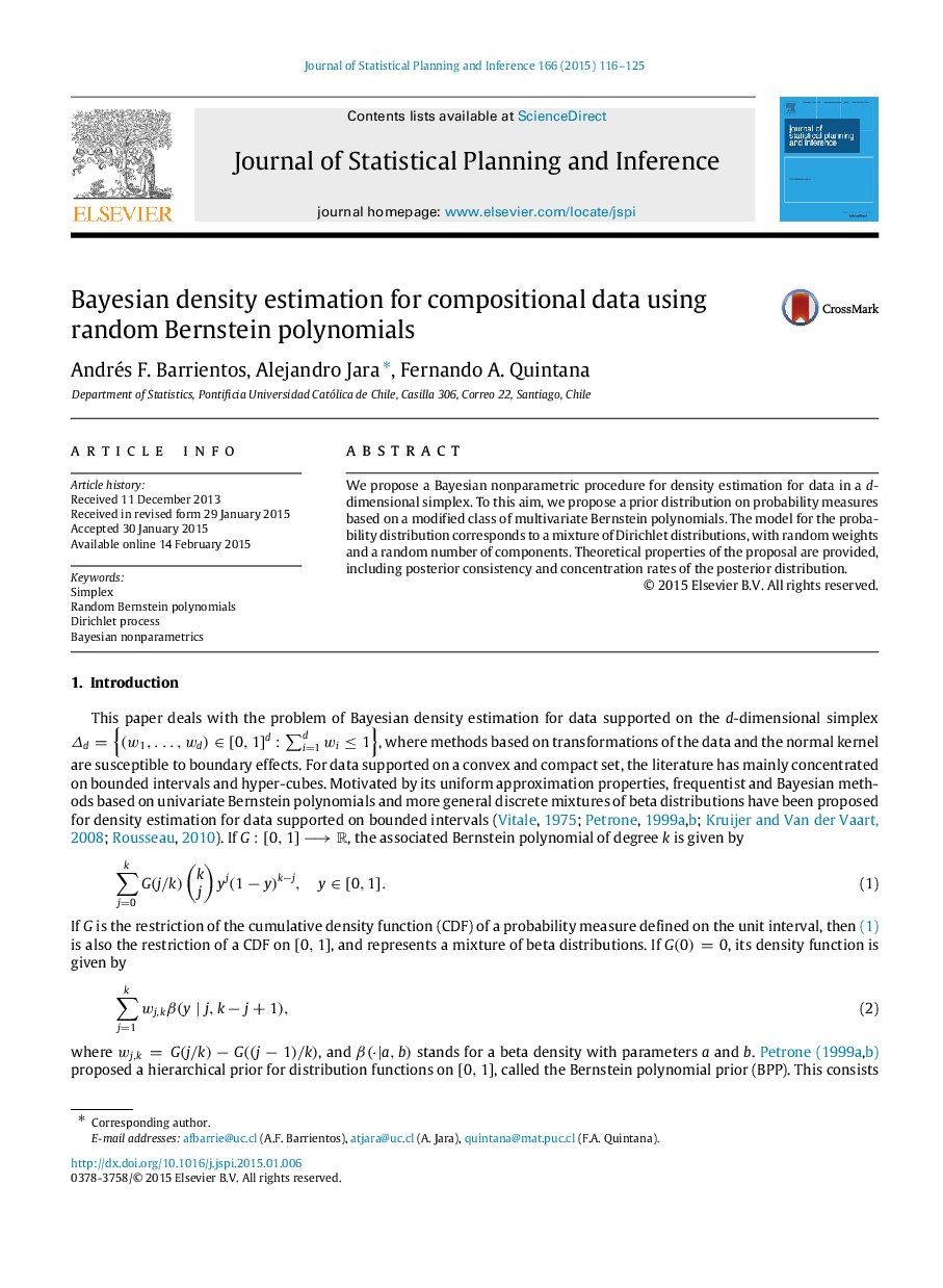 Bayesian density estimation for compositional data using random Bernstein polynomials