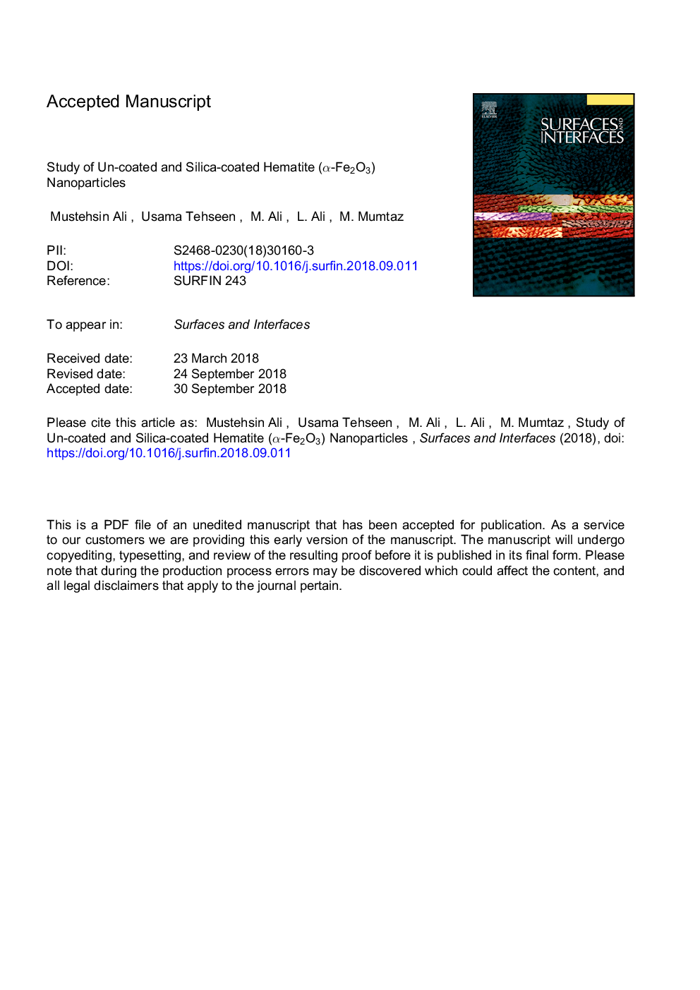 Study of uncoated and silica-coated hematite (Î±-Fe2O3) nanoparticles