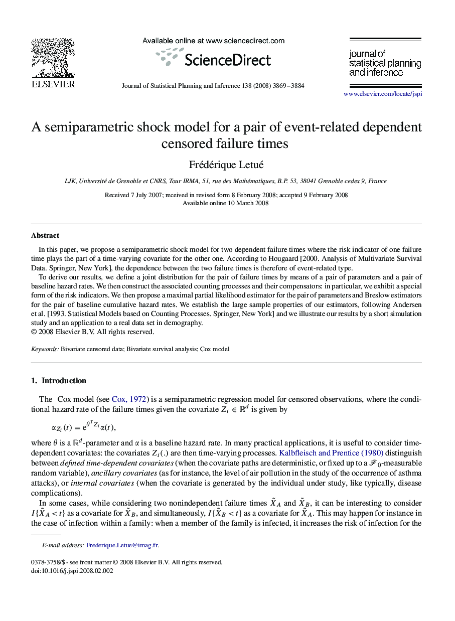 A semiparametric shock model for a pair of event-related dependent censored failure times