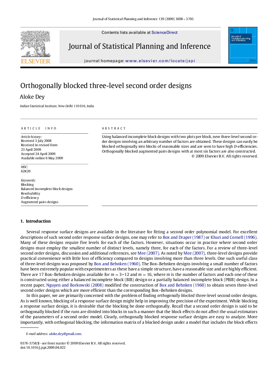 Orthogonally blocked three-level second order designs