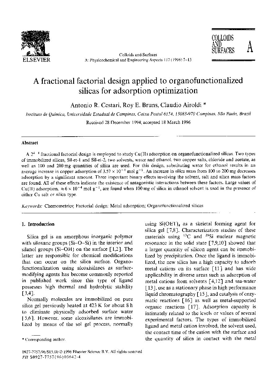 A fractional factorial design applied to organofunctionalized silicas for adsorption optimization