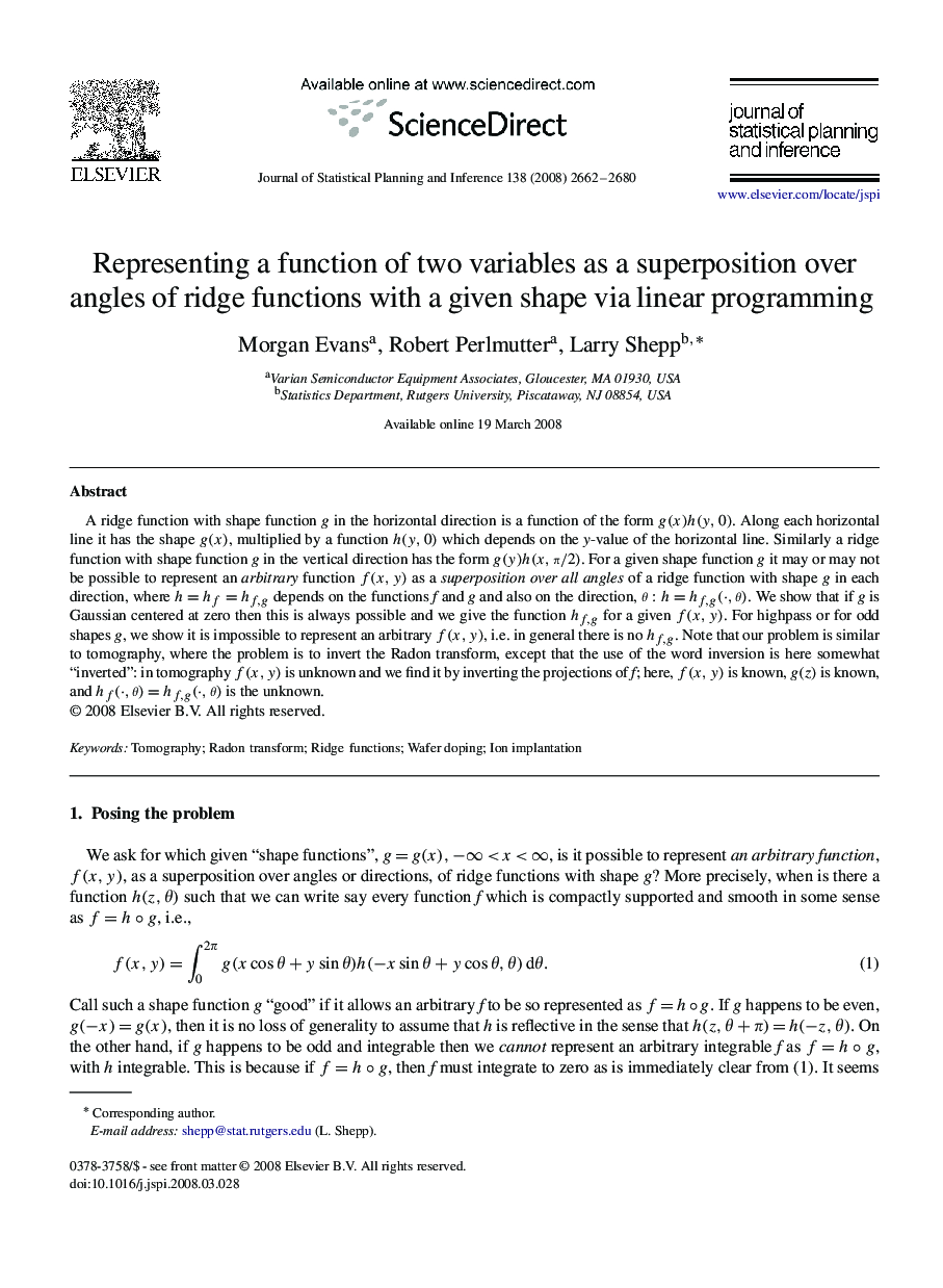 Representing a function of two variables as a superposition over angles of ridge functions with a given shape via linear programming