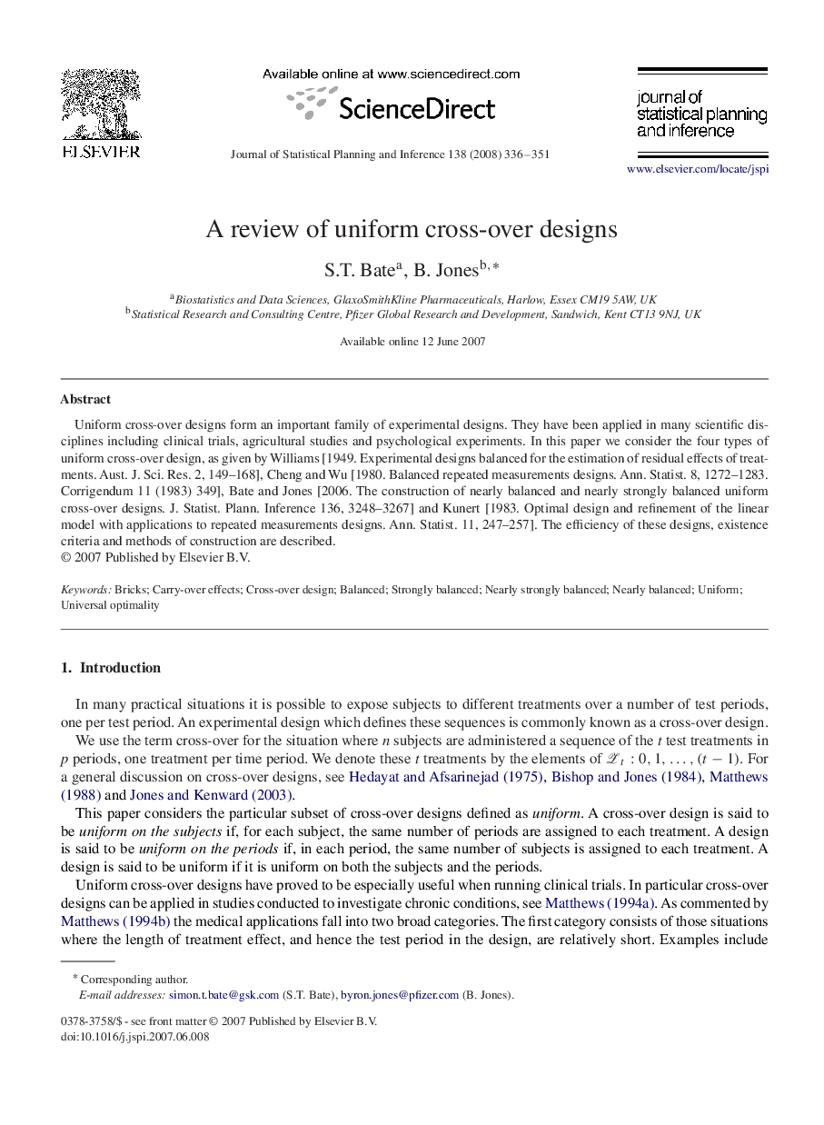 عکس صفحه اول مقاله: A review of uniform cross-over designs A review of uniform cross-over designs