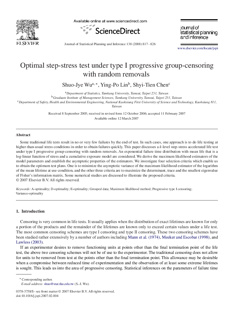 عکس صفحه اول مقاله: Optimal step-stress test under type I progressive group-censoring with random removals Optimal step-stress test under type I progressive group-censoring with random removals