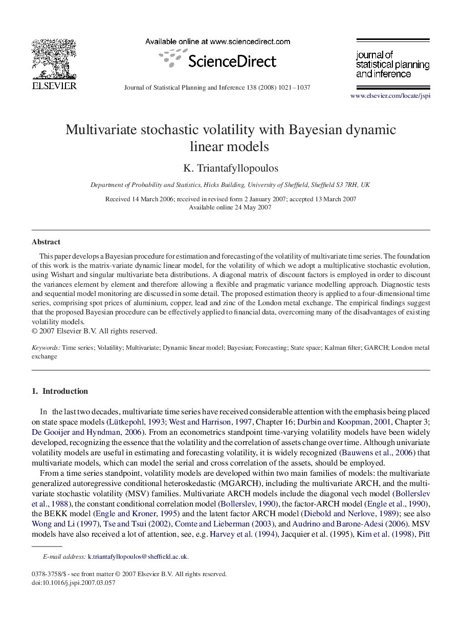 Multivariate stochastic volatility with Bayesian dynamic linear models