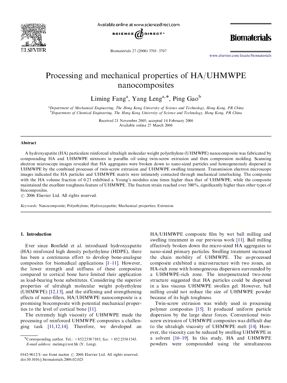 Processing and mechanical properties of HA/UHMWPE nanocomposites