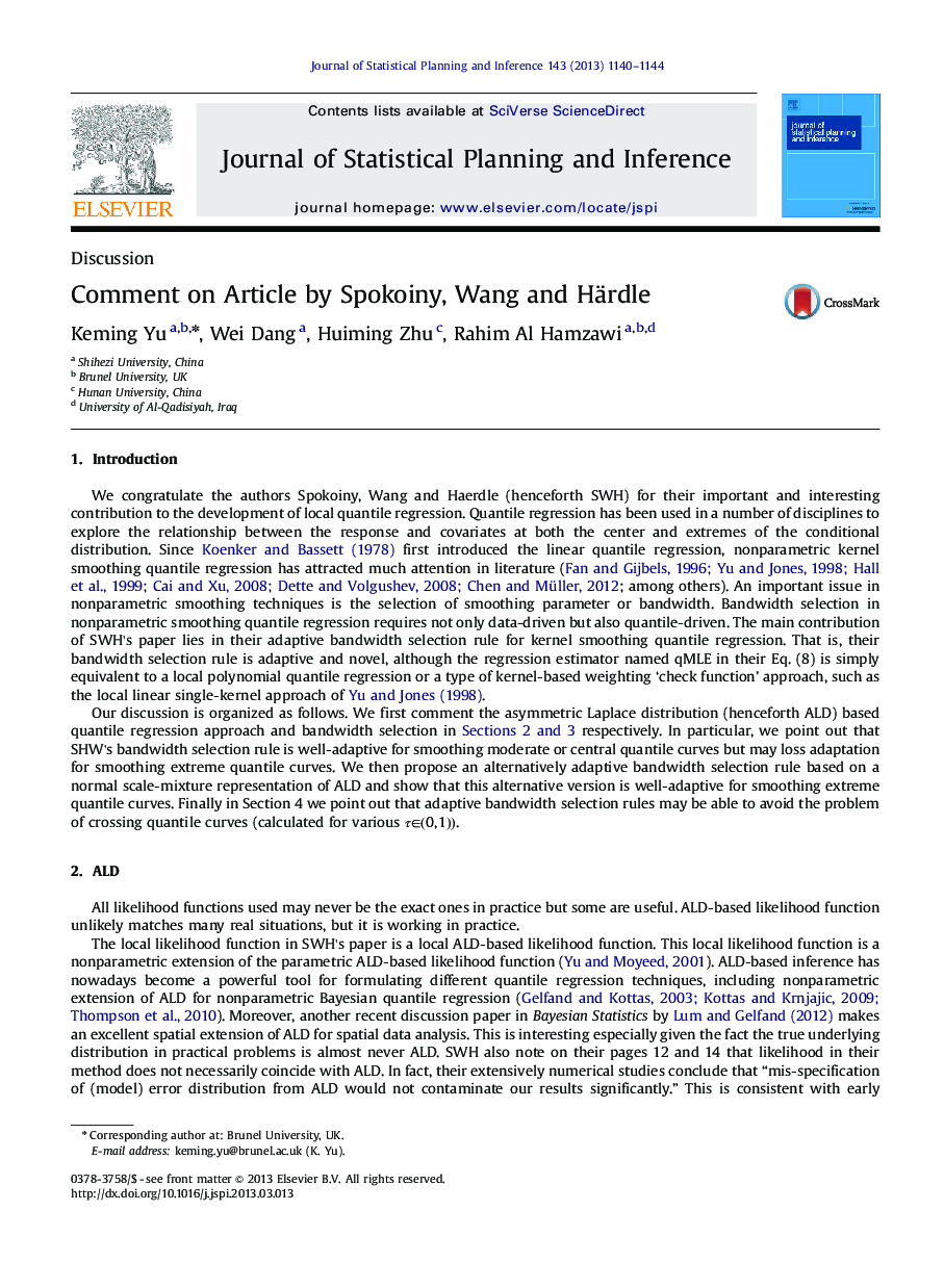عکس صفحه اول مقاله: Comment on Article by Spokoiny, Wang and Härdle Comment on Article by Spokoiny, Wang and Härdle