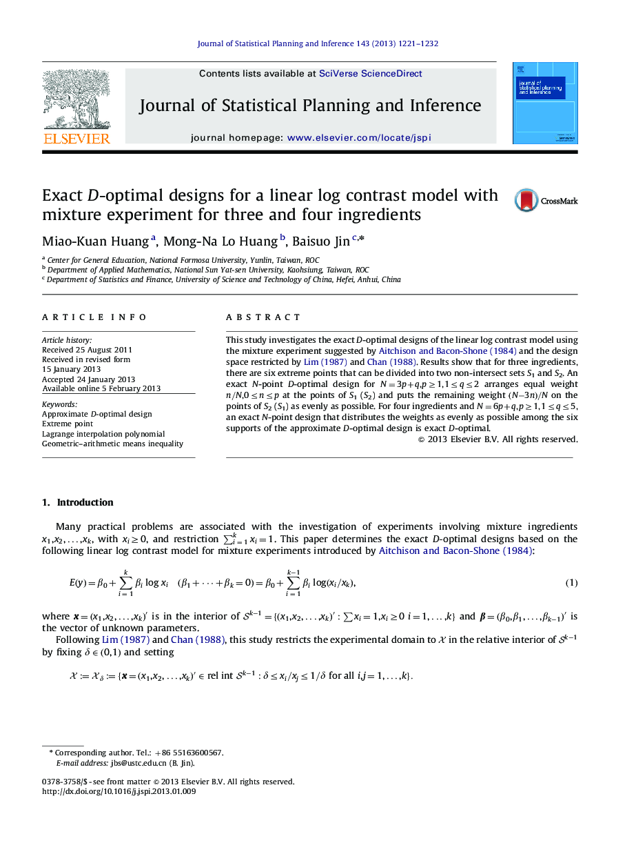 Exact D-optimal designs for a linear log contrast model with mixture experiment for three and four ingredients