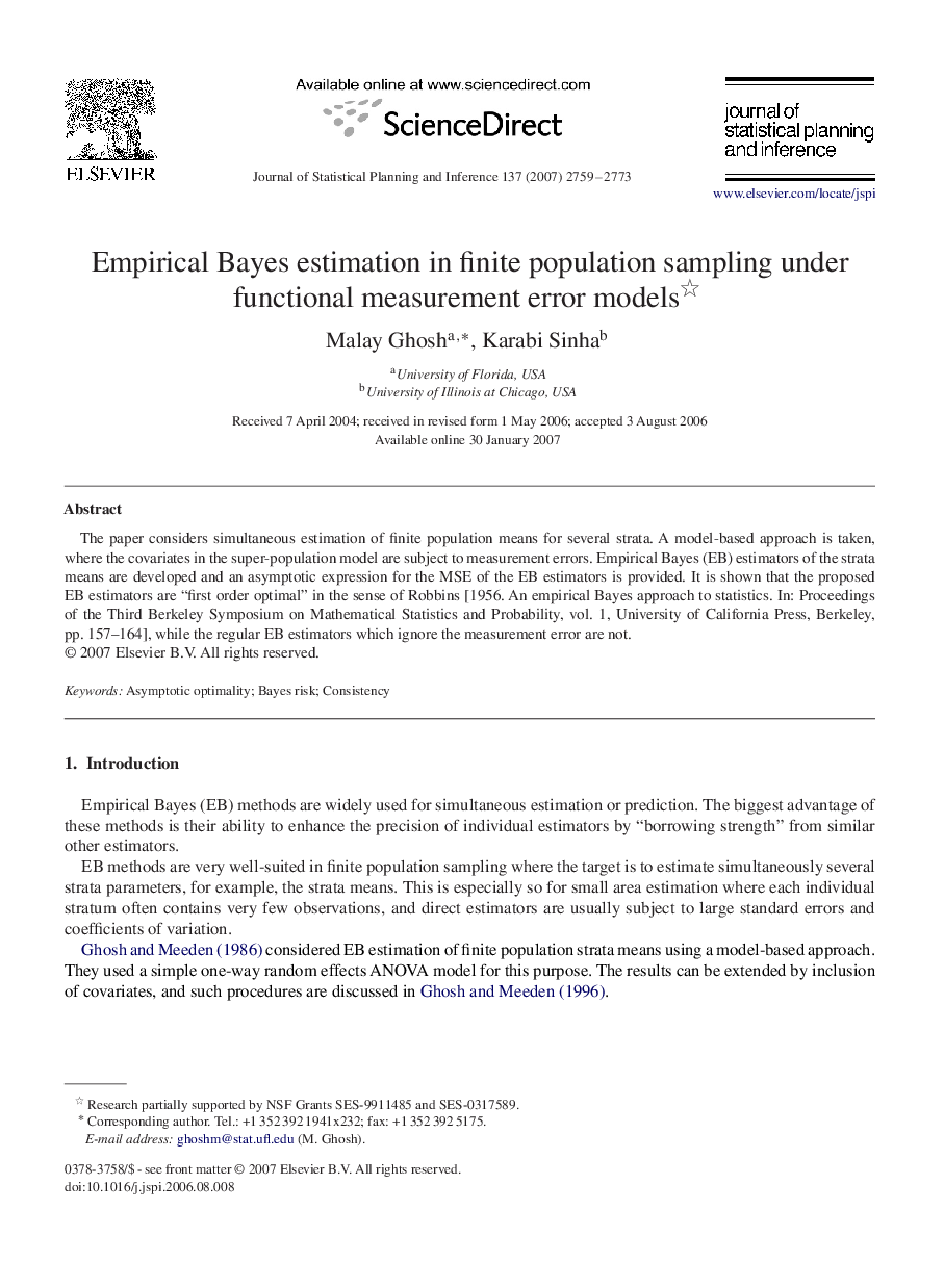 Empirical Bayes estimation in finite population sampling under functional measurement error models 