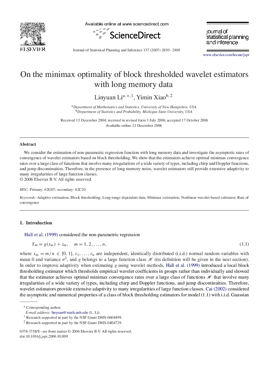 On the minimax optimality of block thresholded wavelet estimators with long memory data