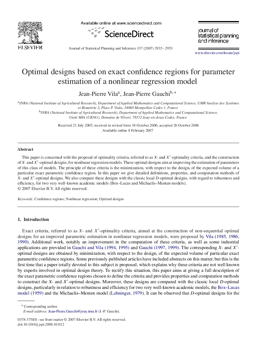 Optimal designs based on exact confidence regions for parameter estimation of a nonlinear regression model