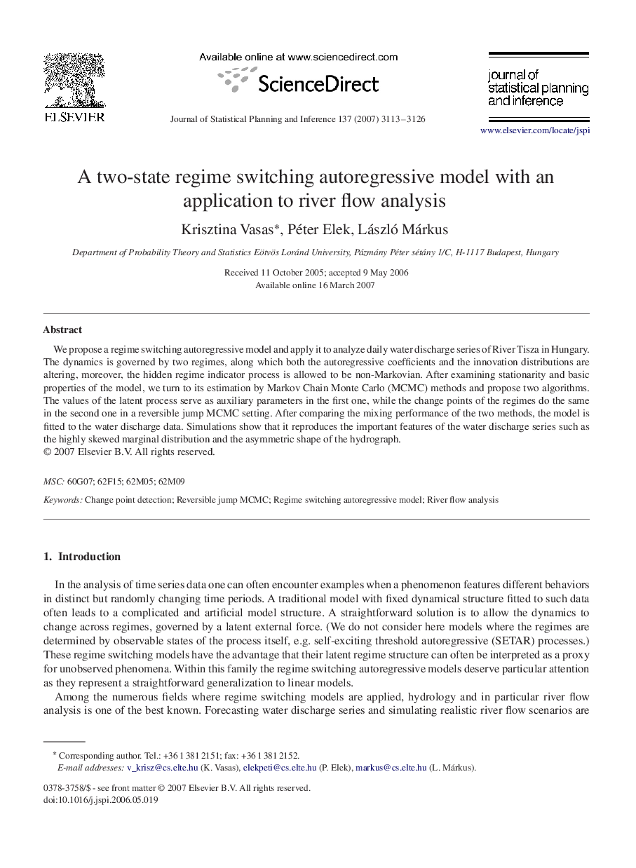 A two-state regime switching autoregressive model with an application to river flow analysis