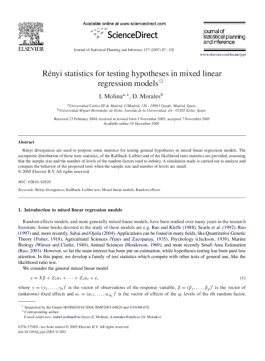 Rényi statistics for testing hypotheses in mixed linear regression models 