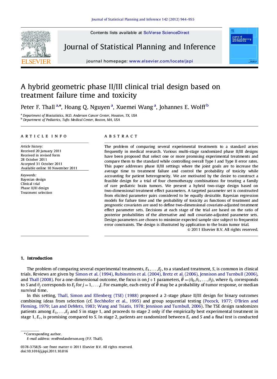 A hybrid geometric phase II/III clinical trial design based on treatment failure time and toxicity