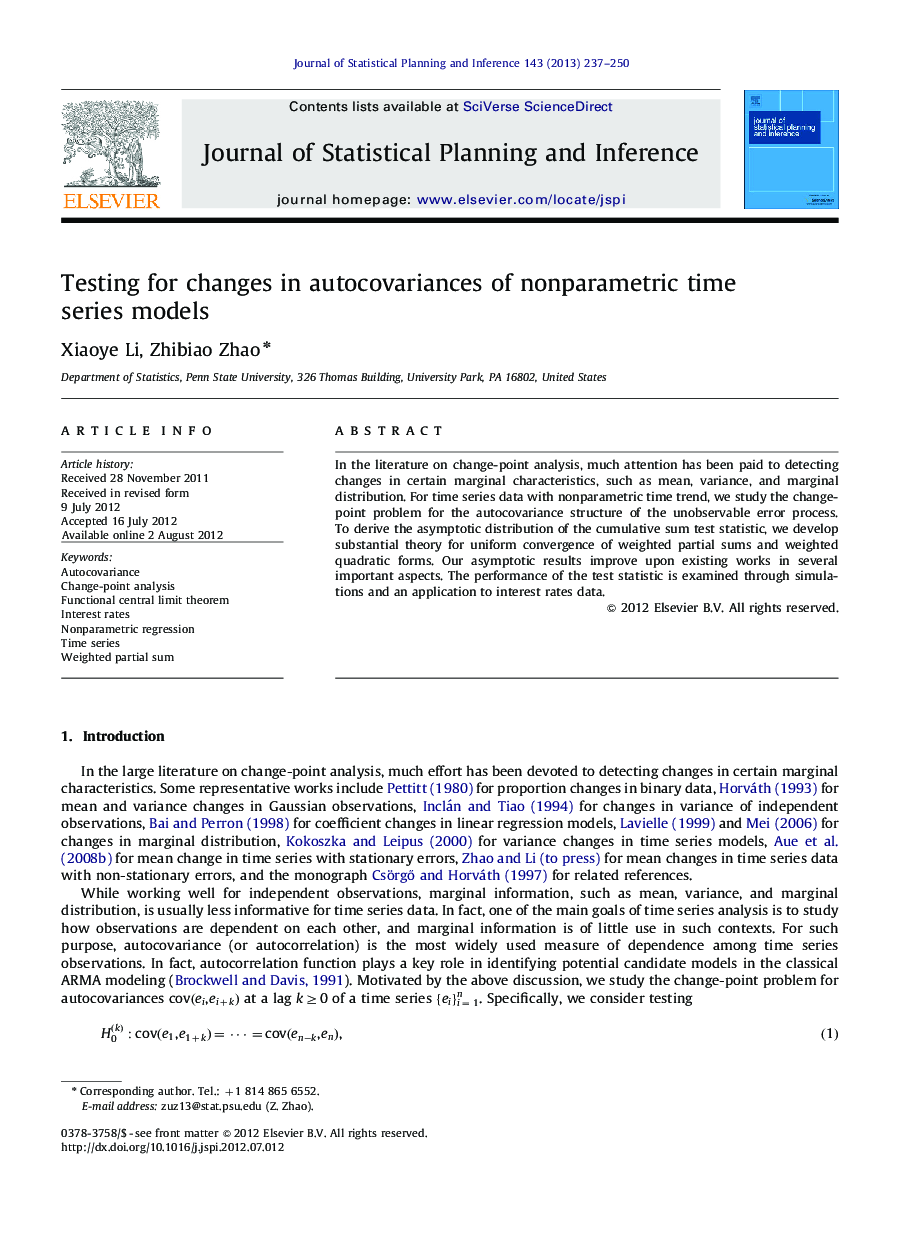 Testing for changes in autocovariances of nonparametric time series models