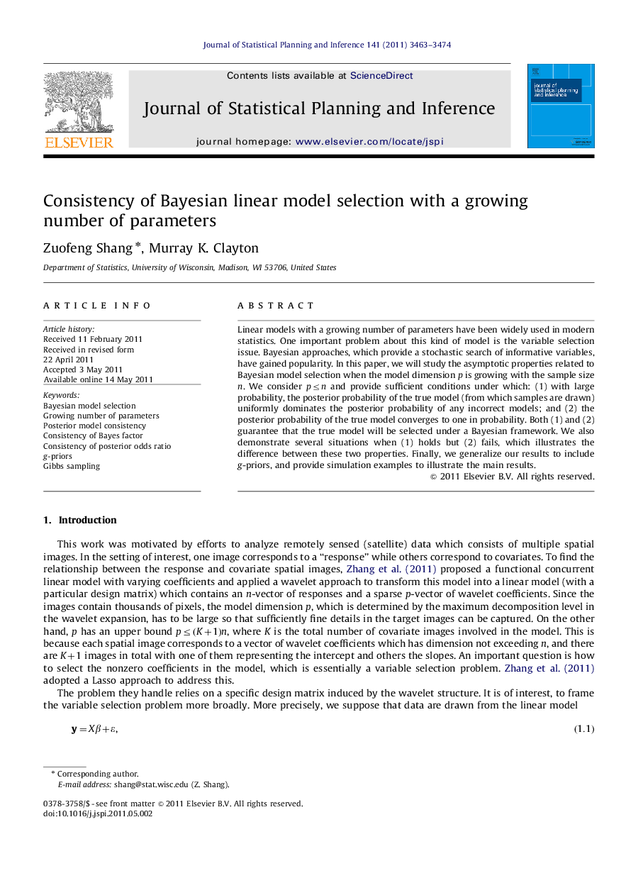 Consistency of Bayesian linear model selection with a growing number of parameters