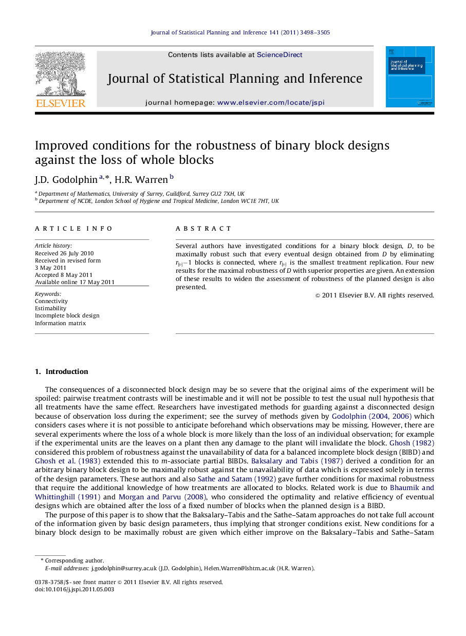 Improved conditions for the robustness of binary block designs against the loss of whole blocks