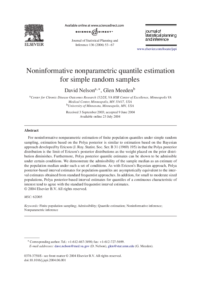 Noninformative nonparametric quantile estimation for simple random samples