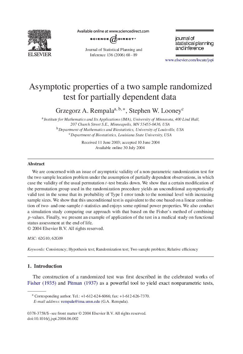 Asymptotic properties of a two sample randomized test for partially dependent data