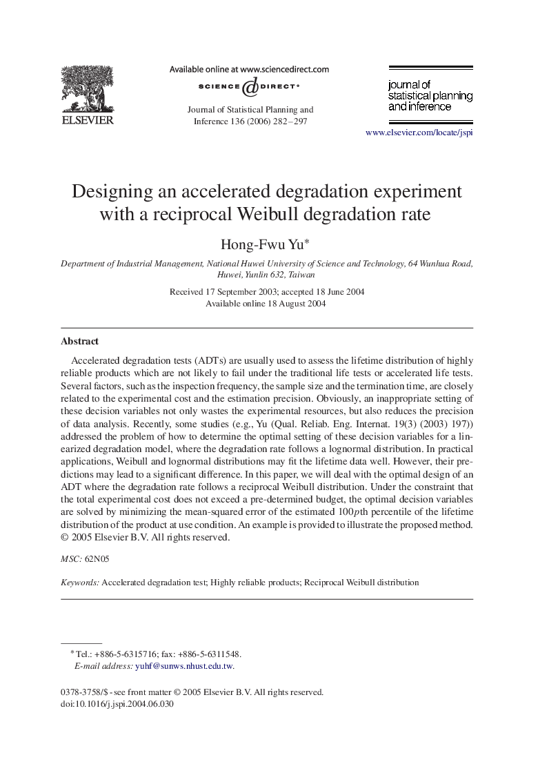 Designing an accelerated degradation experiment with a reciprocal Weibull degradation rate